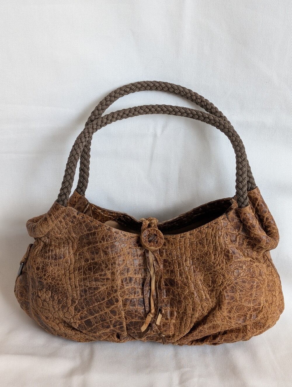 Henry Beguelin Brown Leather Small Top Handle Bag Braided Cord Handles Italy